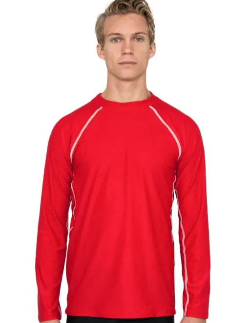 Tuga Sunwear Swim Shirts & Rash Guards|Men's Chlorine Resistant Long Sleeve Rash Guard - Red