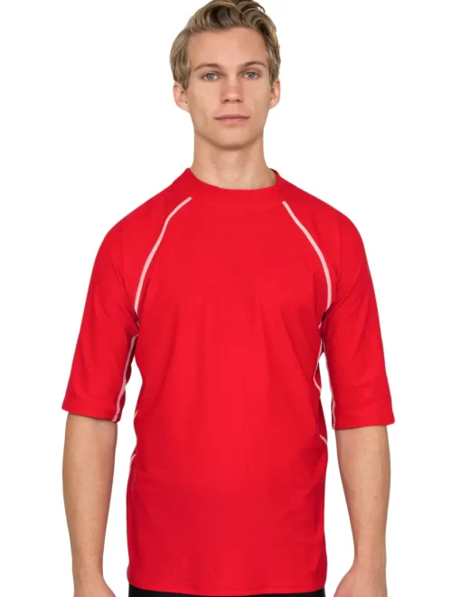 Tuga Sunwear Swim Shirts & Rash Guards|Men's Chlorine Resistant Short Sleeve Rash Guard - Red