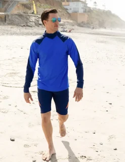 Tuga Sunwear Swim Shirts & Rash Guards|Men's Swim Crest Rash Guard with Fitted Hoodie - Blue Camo