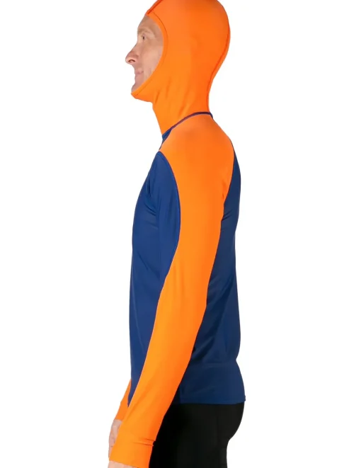 Tuga Sunwear Swim Shirts & Rash Guards|Men's Swim Crest Rash Guard with Fitted Hoodie - Navy / Orange