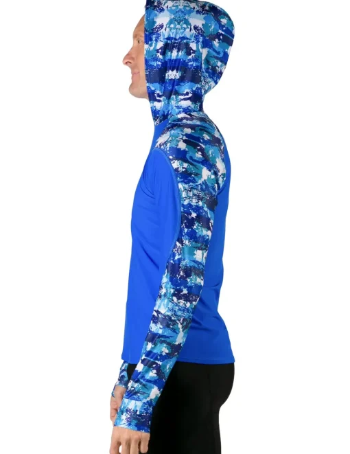 Tuga Sunwear Swim Shirts & Rash Guards|Men's Swim Crest Rash Guard with Relaxed Hoodie - Blue Camo