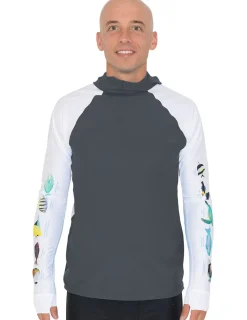 Tuga Sunwear Swim Shirts & Rash Guards|Men's Snorkel Hoodie Rash Guard - Hawaii Fish ID - Gray