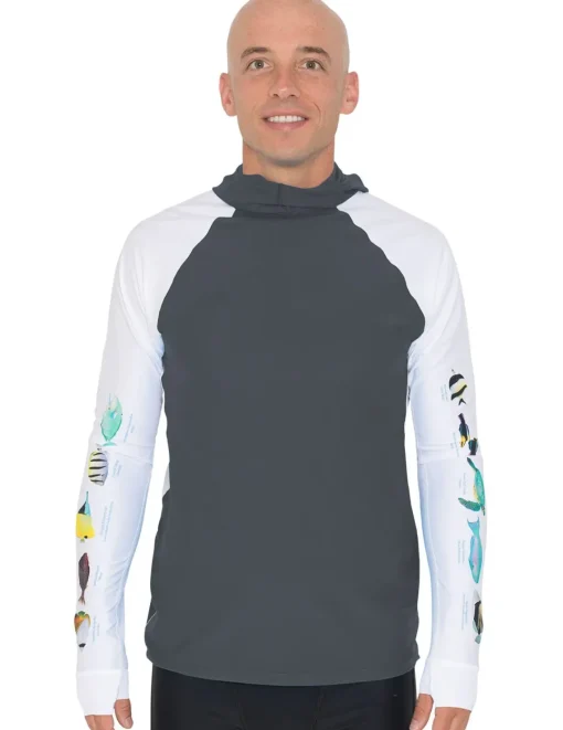Tuga Sunwear Swim Shirts & Rash Guards|Men's Snorkel Hoodie Rash Guard - Hawaii Fish ID - Gray