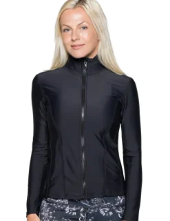 Women Tuga Sunwear Swim Shirts & Rash Guards|Women's Long Sleeve Zip Swim Jacket (Regular & Plus Size) - Black