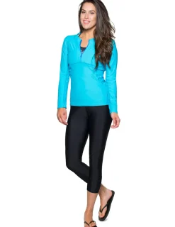 Women Tuga Sunwear Swim Shirts & Rash Guards|Women's Long Sleeve Quarter Zip Rash Guard (Regular & Plus Size) - Hawaii
