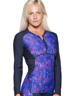 Women Tuga Sunwear Swim Shirts & Rash Guards|Women's Long Sleeve Quarter Zip Rash Guard (Regular & Plus Size) - Waves/Navy