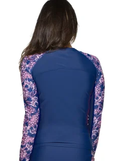 Women Tuga Sunwear Swim Shirts & Rash Guards|Women's Long Sleeve Rash Guard (Regular & Plus Size) - Paisley/Navy