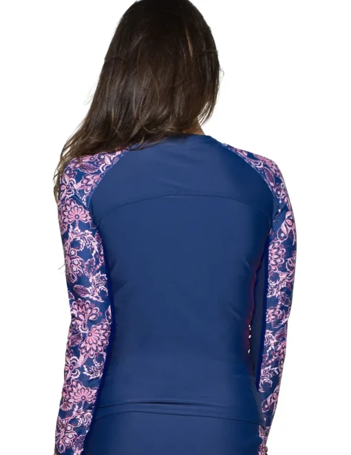 Women Tuga Sunwear Swim Shirts & Rash Guards|Women's Long Sleeve Rash Guard (Regular & Plus Size) - Paisley/Navy