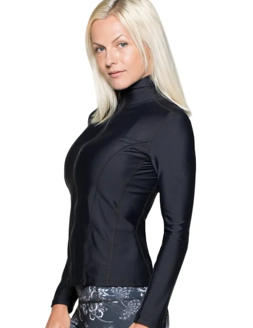 Women Tuga Sunwear Swim Shirts & Rash Guards|Women's Long Sleeve Zip Swim Jacket (Regular & Plus Size) - Navy