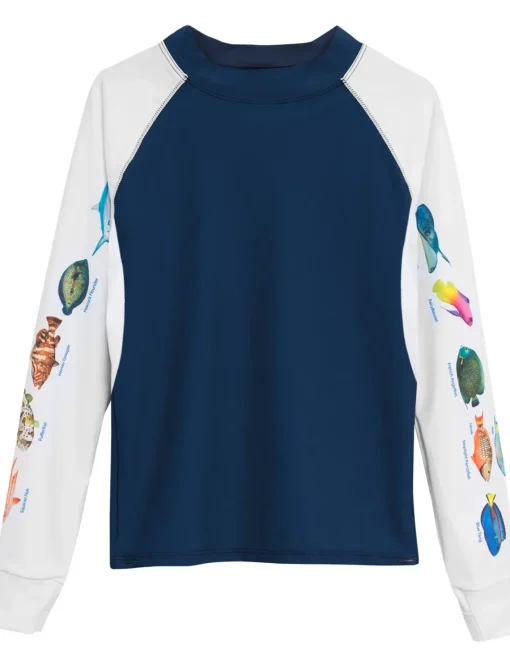 Women Tuga Sunwear Swim Shirts & Rash Guards|Women's Snorkel Caribbean Fish ID Rash Guard - Navy
