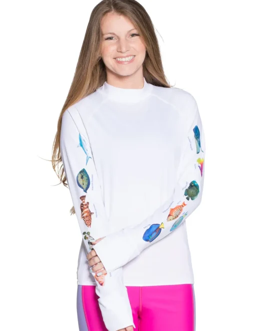 Women Tuga Sunwear Swim Shirts & Rash Guards|Women's Snorkel Caribbean Fish ID Rash Guard - Navy