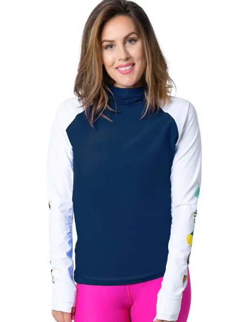 Women Tuga Sunwear Swim Shirts & Rash Guards|Women's Snorkel Hoodie Rash Guard - Hawaii Fish ID - Navy