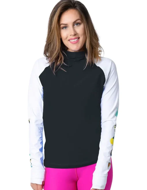 Women Tuga Sunwear Swim Shirts & Rash Guards|Women's Snorkel Hoodie Rash Guard - Hawaii Fish ID - Black